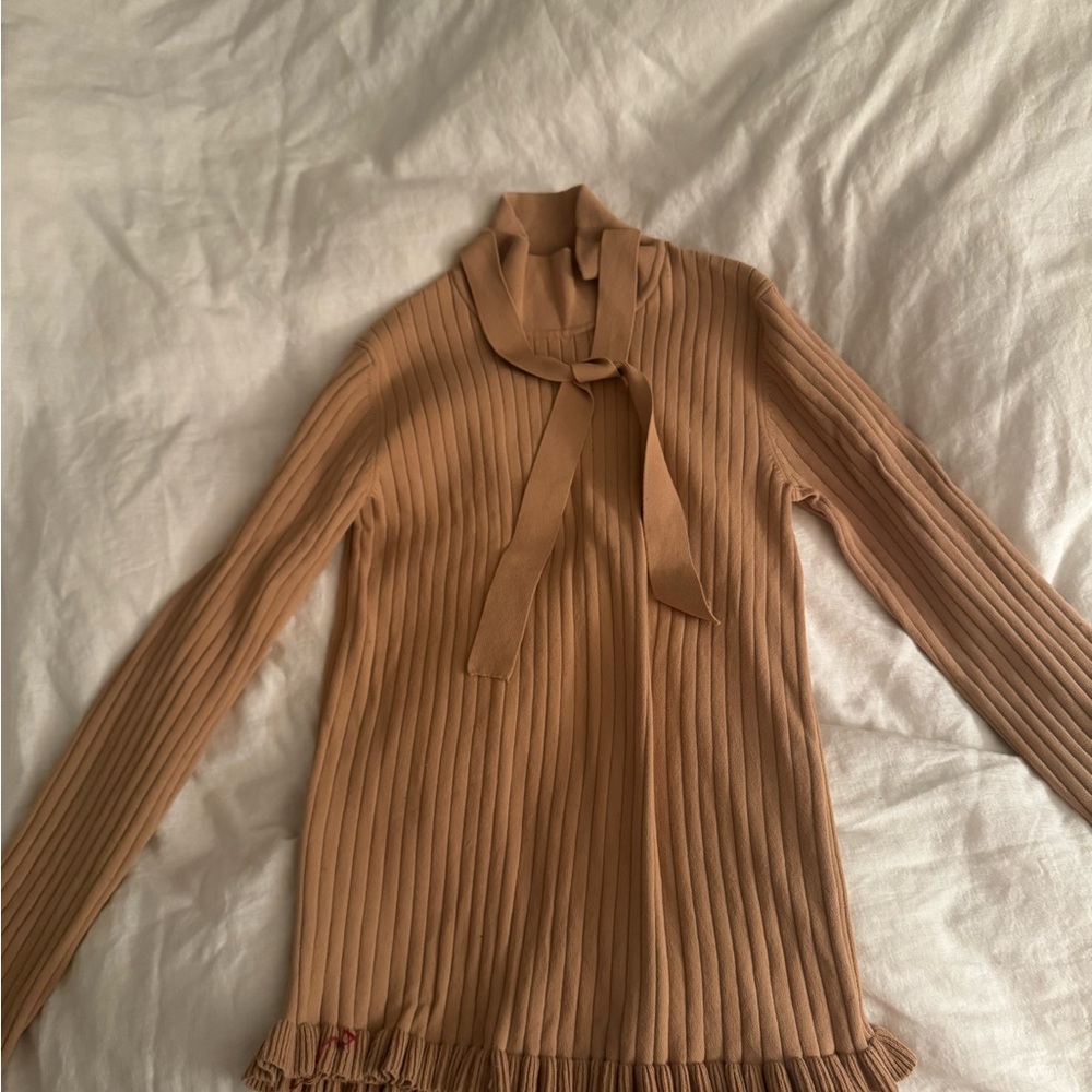 Jill Stuart Tan Ribbed Blouse with Tie Neck